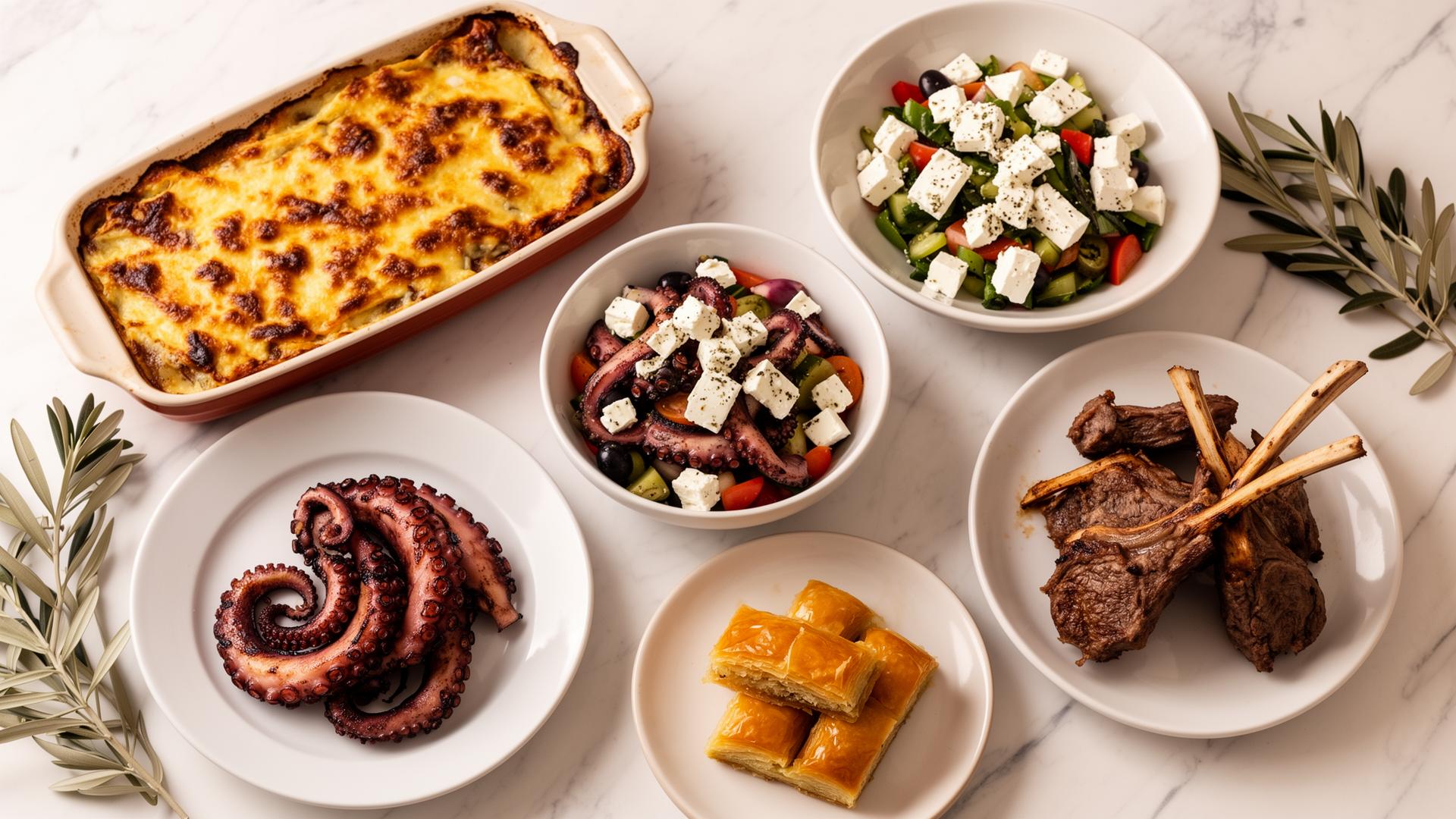 Greek feast on marble table
